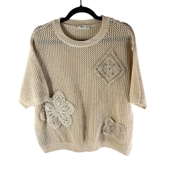 MNG Mango Womens Open Knit Sweater Boxy Floral Applique Beige Short Sleeve L - Picture 1 of 4